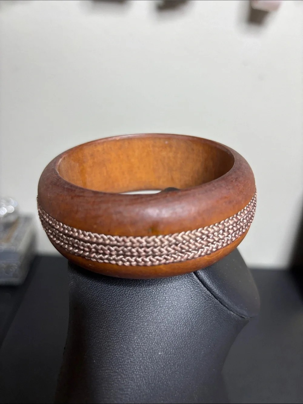 Wood Boho Bangle Bracelet Braided Rope Inlay - Brown Western Statement